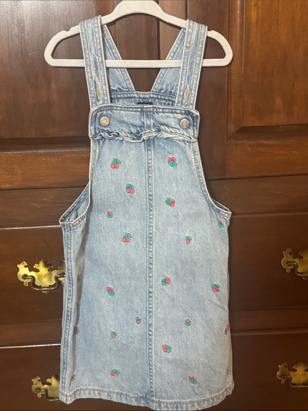 Girls Light Denim Cherry Embroidered Overall Dress GAP